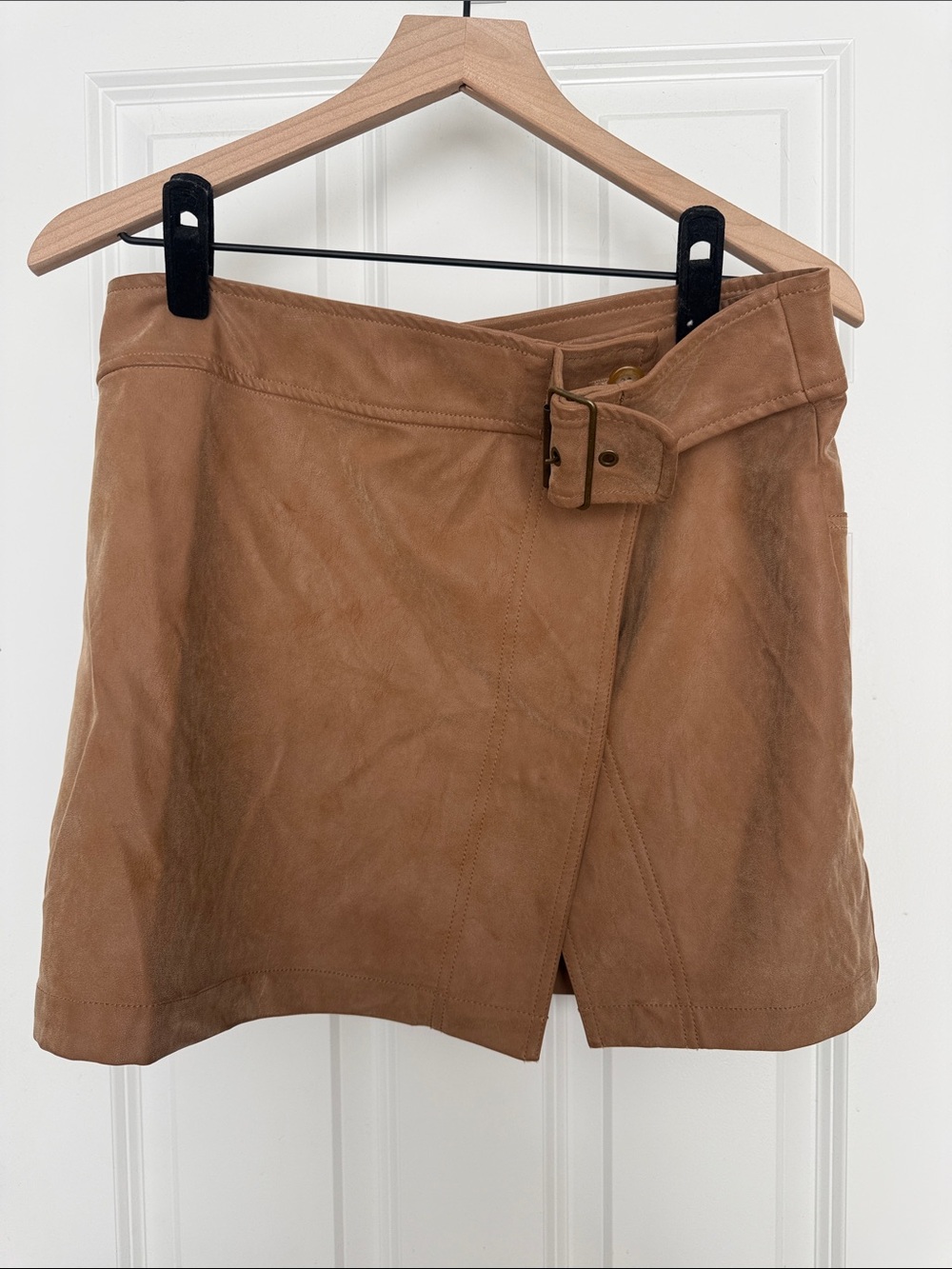 Free People Ari Wrap Skirt Faux Vegan Leather Camel Tan Belted Mini Size 12